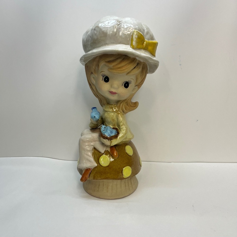 Vintage Ceramic Girl on Mushroom Figurine with Blue Birds 11 Inch Mid‎ Century